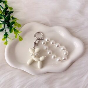 White Balloon Dog Keychain/ Bag Charm Pearl Detail